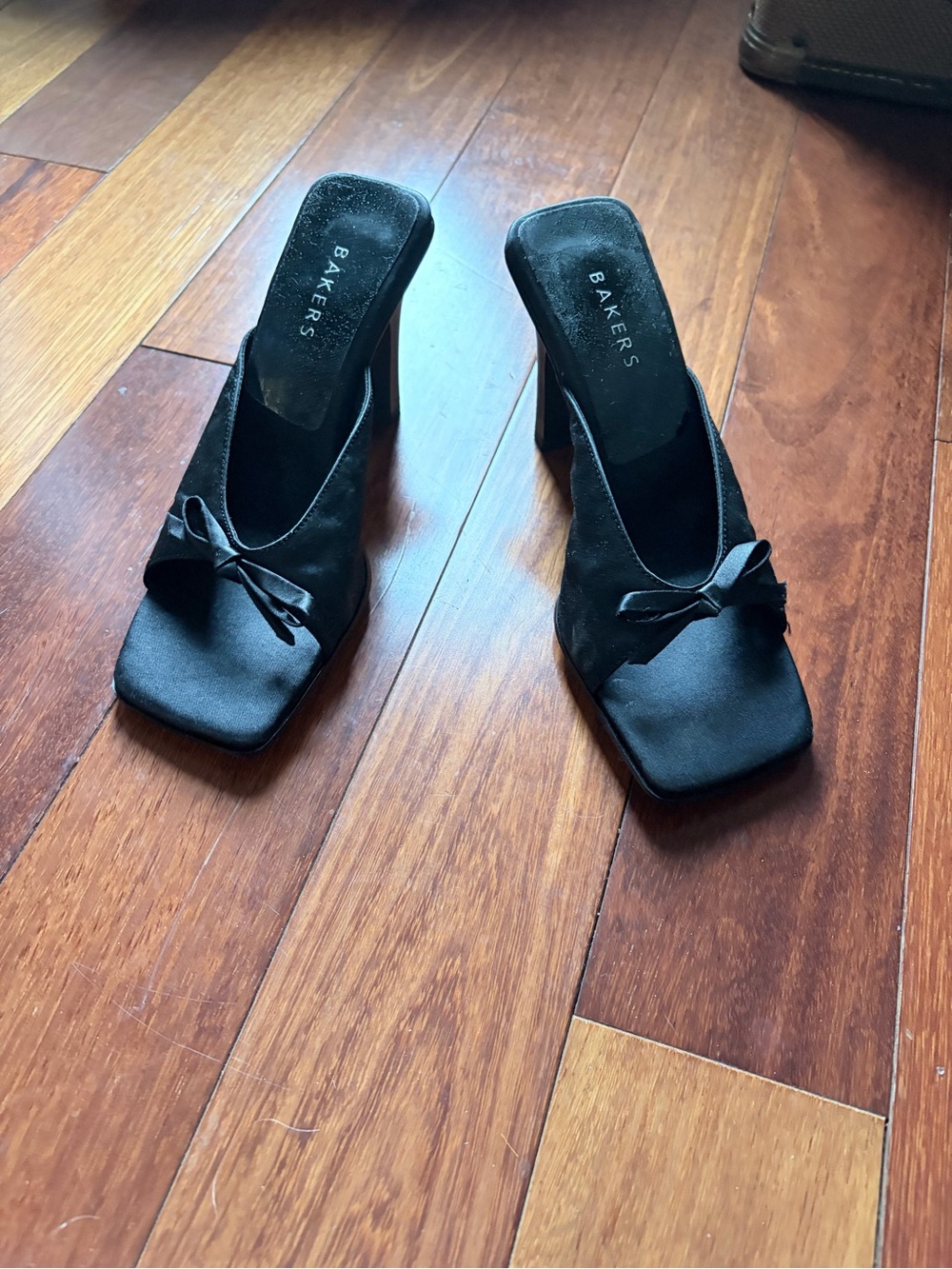 Bakers Black Satin Square-Toe Mule Heels with Bow Accent
